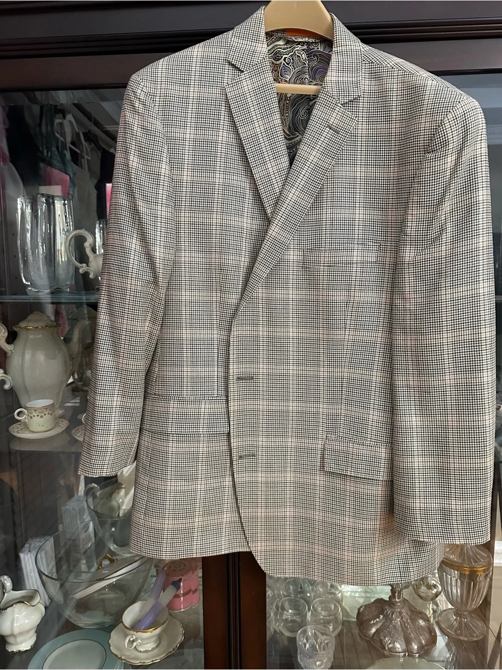 TALLIA Men's Beige and Black Glen Plaid Sport Coat with Paisley Lining
